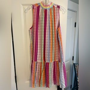Marie Oliver sleeveless high neck bow multicolor rainbow stripe 100% silk dress
